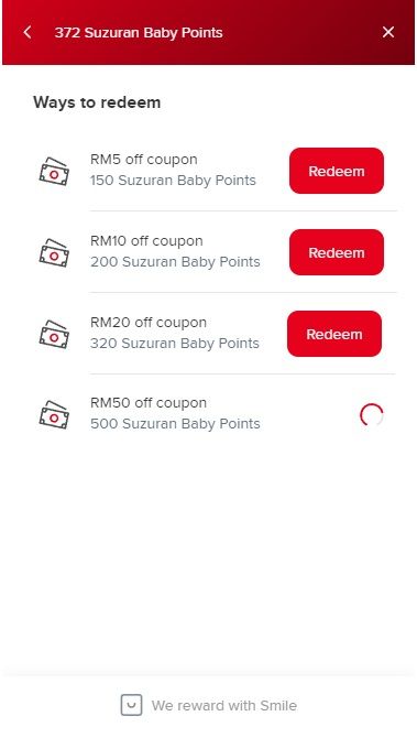 Check your accumulated Suzuran Baby points once you have signed in. Then, shop to earn points!When you have at least 150 points, you can start converting to coupon. Click "Redeem".