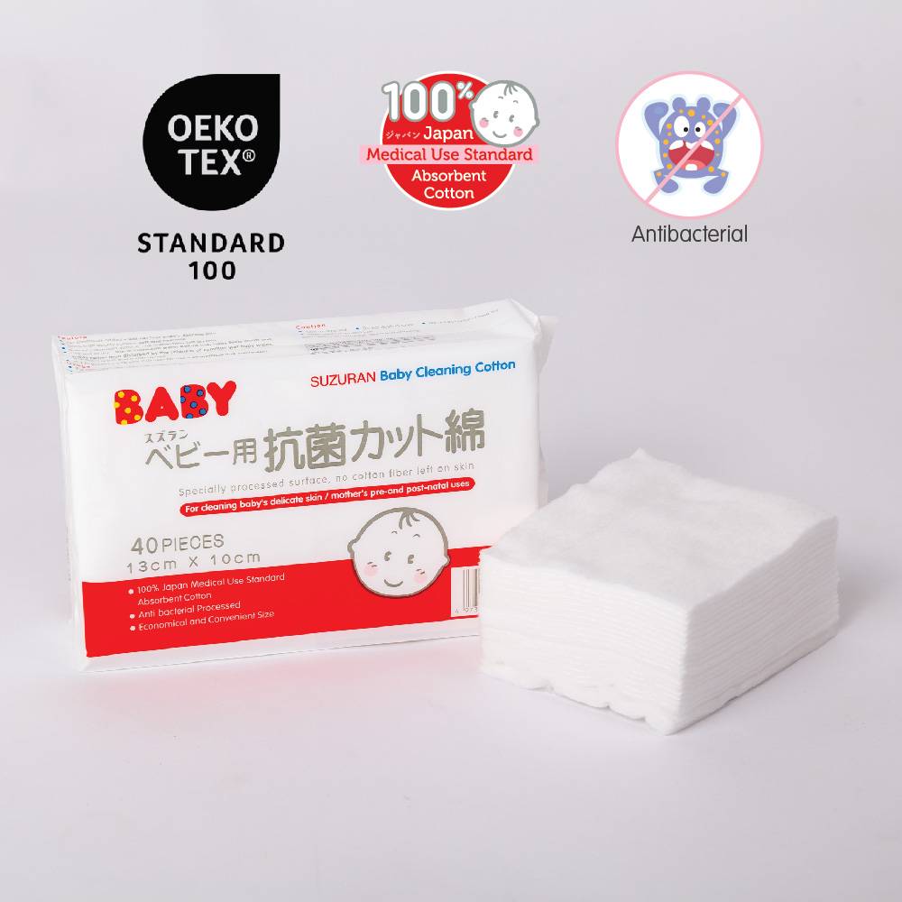 Suzuran Baby Antibacterial Cut Cotton 40pcs is made from 100% Japan Medical Use Standard Absorbent Cotton, OEKO TEX Certified and is antibacterial