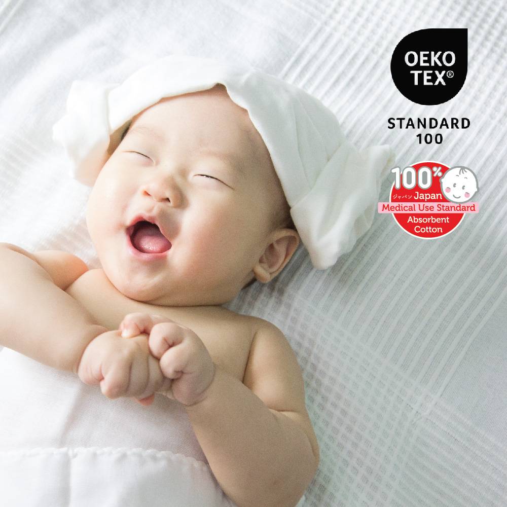 Suzuran Baby Gauze Swaddle Bath Towel is made from 100% pure Japan medical use standard absorbent cotton gauze and is OEKO TEX Certified.