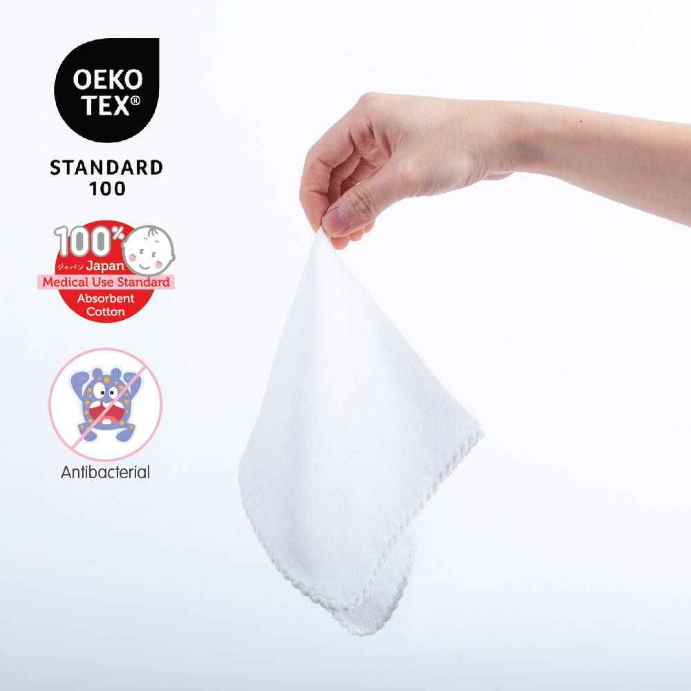 Suzuran Baby Gauze Handkerchief is made from 100% Japan Medical use Standard Absorbent Cotton, OEKO TEX certified and is antibacterial.